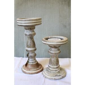 Mela Artisans White-Washed Hand Carved Wooden Pillar Candle Holders NWOT